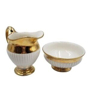 Vintage Royal Winton Grimwades Sugar Bowl & Creamer White Ribbed Golden Trim